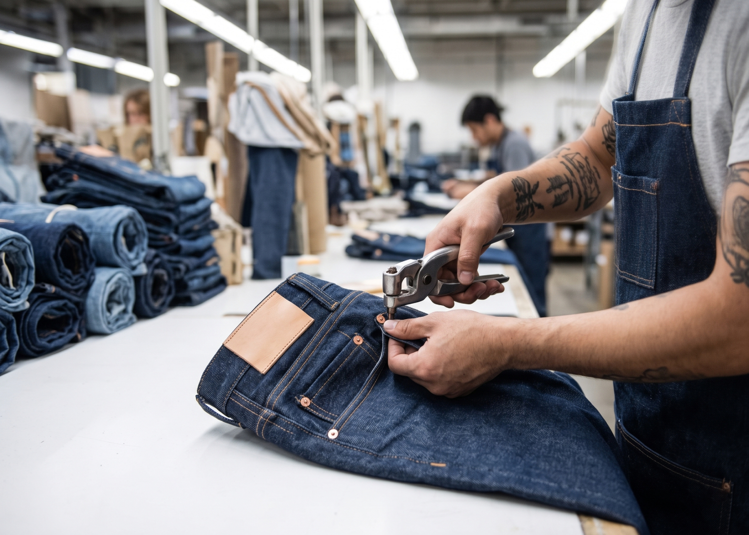 Worker handling denim jeans factory